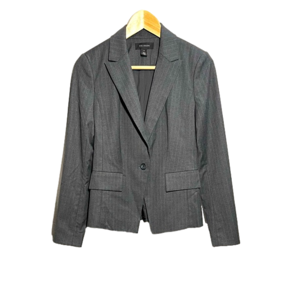 HALOGEN (NORDSTROM) charcoal grey pin-stripe blazer, jacket, single button. 0